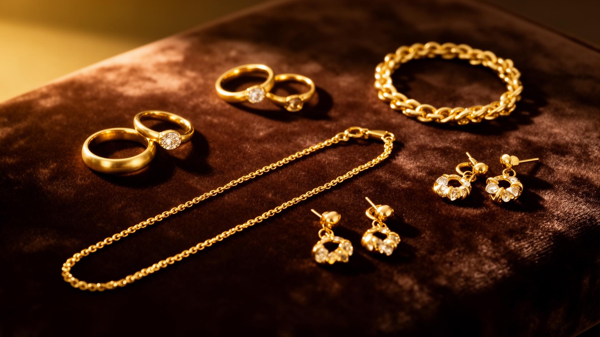 Gouden sieraden — ringen, ketting, armband en oorbellen op donkere velours