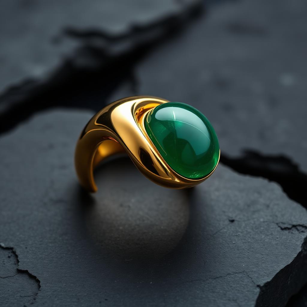 Bulgari sieraad verkopen Bulgari sieraad verkopen — Gouden ring met groene cabochon op donker steen, sfeerbeeld luxe sieraden