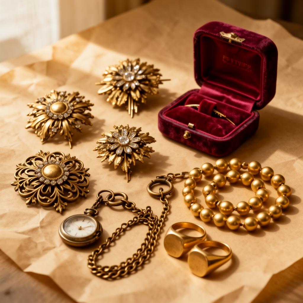 Antieke broches, een gouden zakhorlogeketting, signetringen en kralen uit een erfenis — overzichtelijke taxatie per stuk