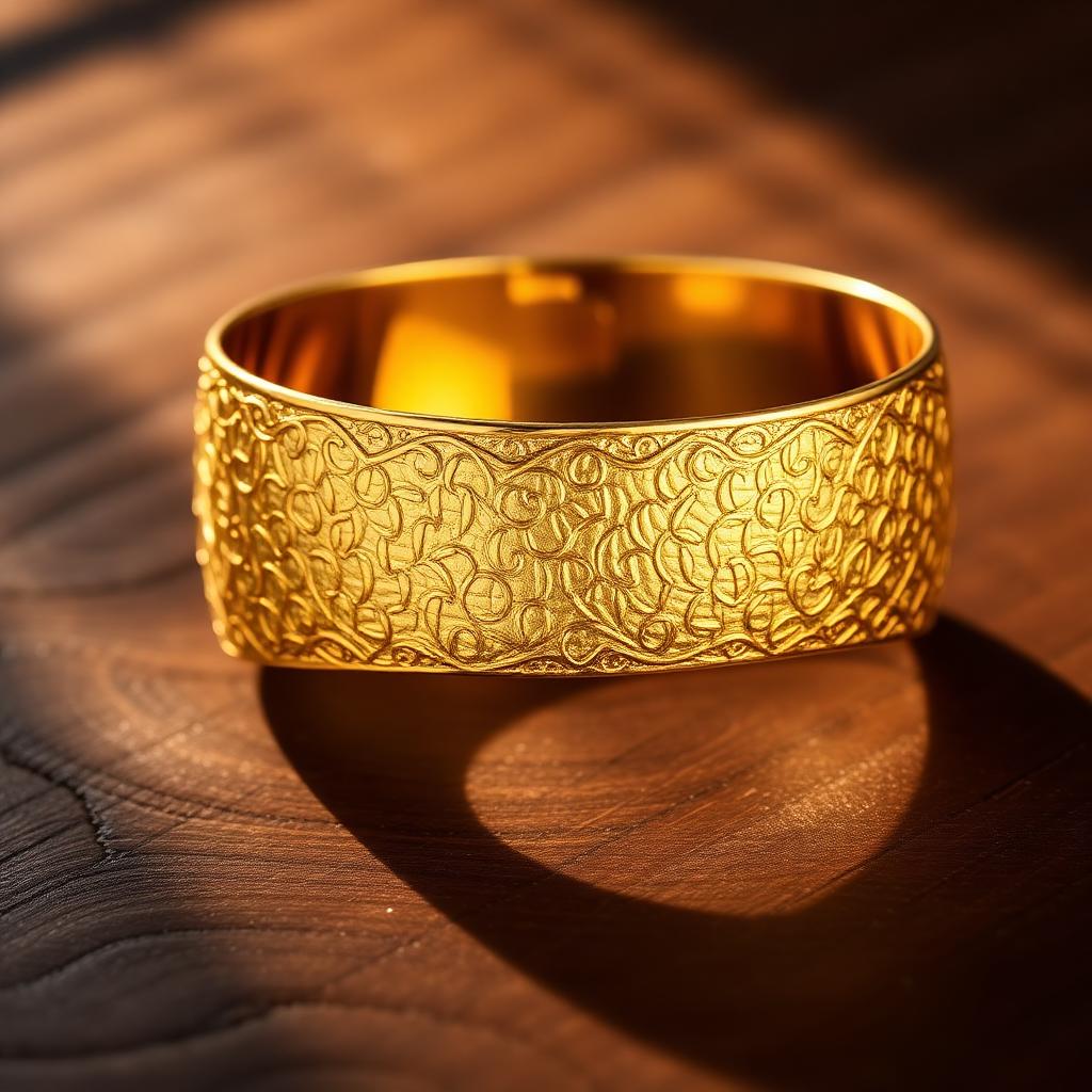 Buccellati sieraad verkopen — Gegraveerde gouden manchet op donker walnoothout, sfeerbeeld luxe sieraden