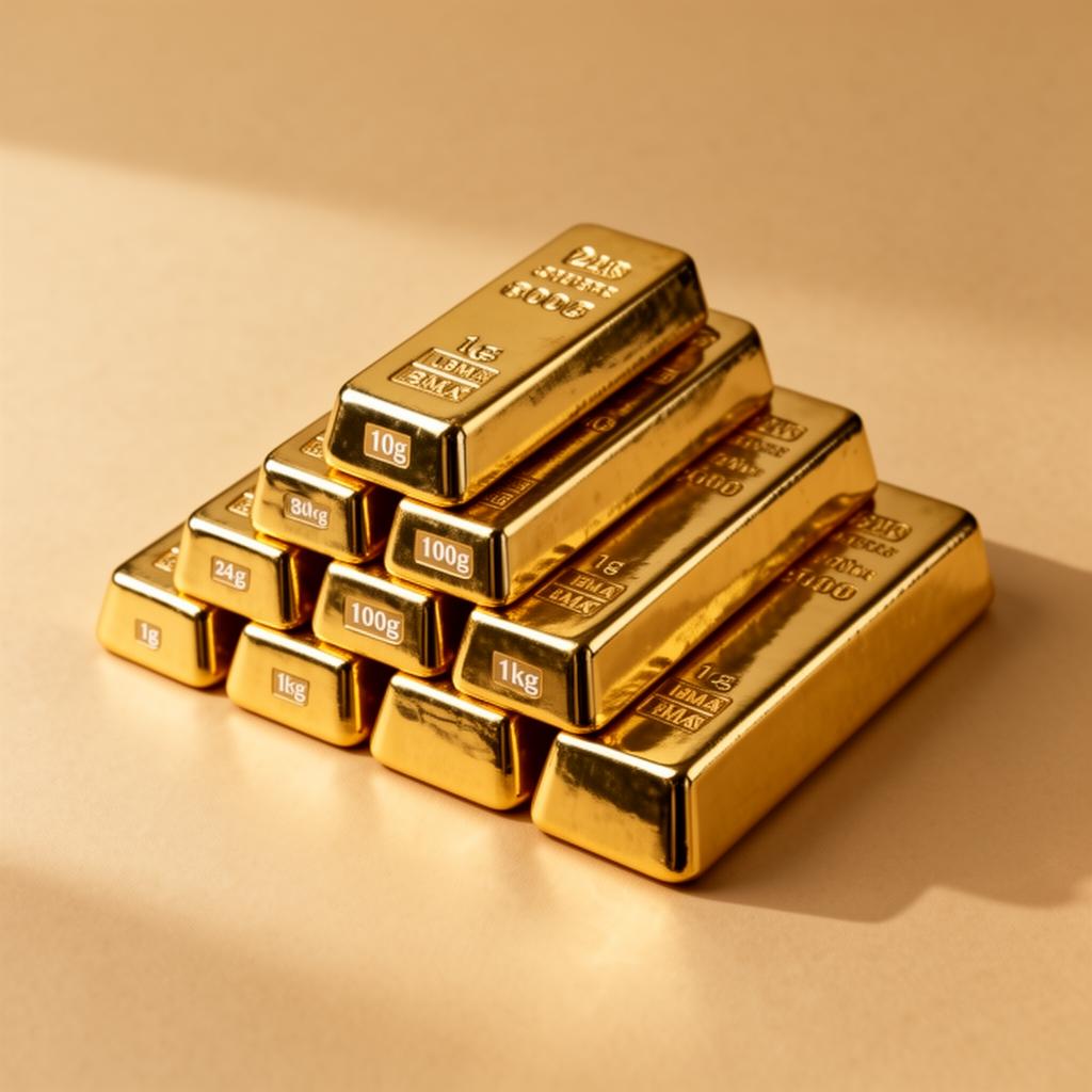 Gestapelde gouden baren van 1 gram tot 1 kilo, LBMA-erkende producenten zoals Umicore, Heraeus en PAMP