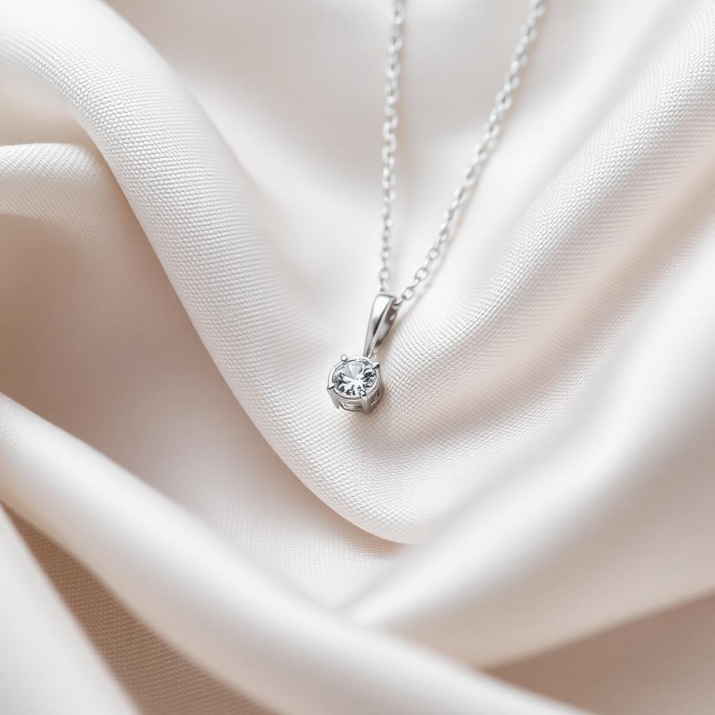 Chaumet sieraad verkopen — Witgouden ketting met diamanthanger op licht zijde, sfeerbeeld luxe sieraden